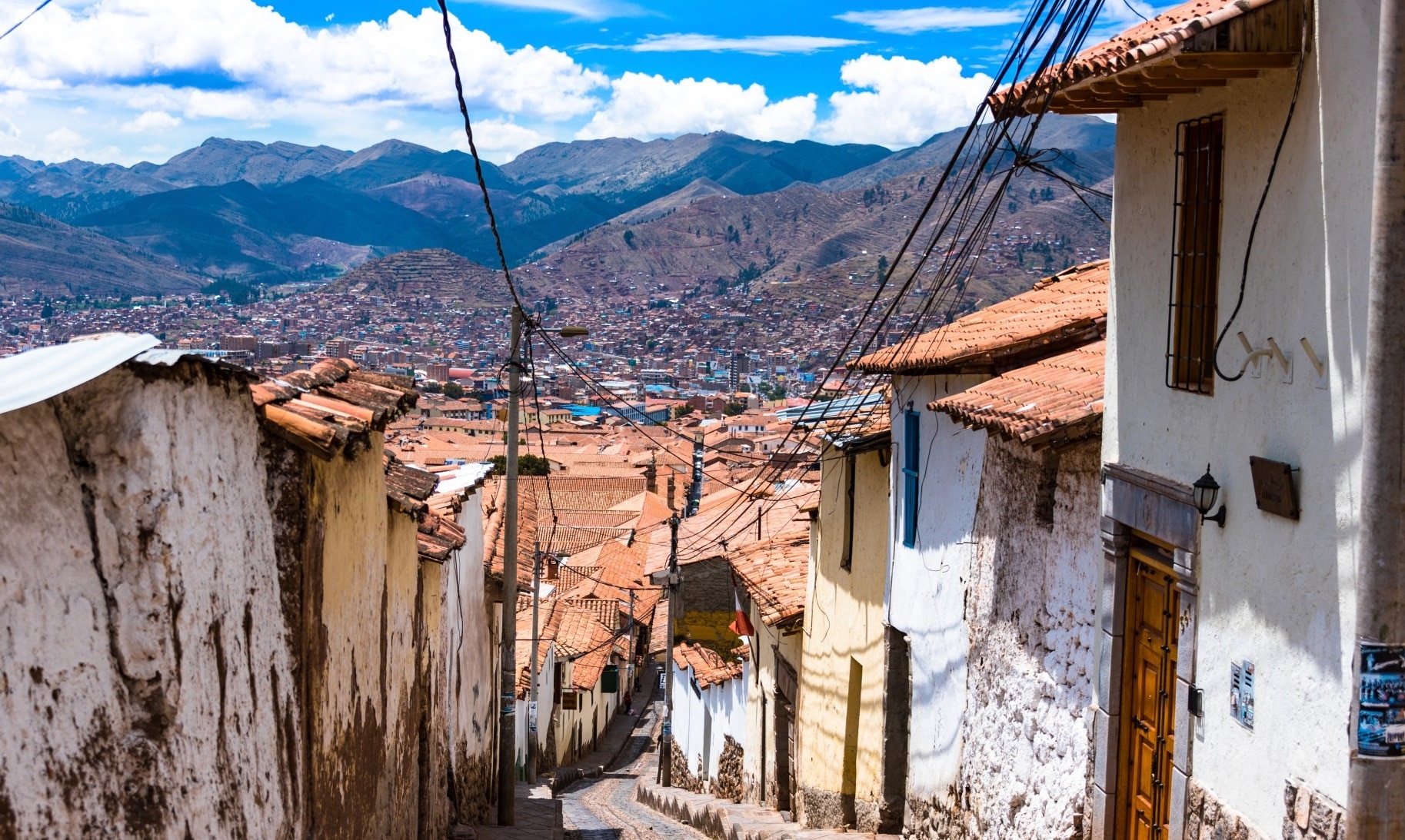 Power lines overlooking valley in Cusco, Peru