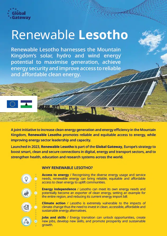 Cover of the info sheet on Renewable Lesotho, a joint initiative by the European Union and Lesotho.