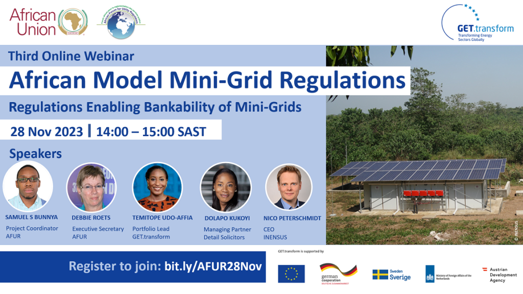 Flyer informing on third webinar on African Model-Mini-Grid Regulations by AFUR and GET.transform, November 2023.