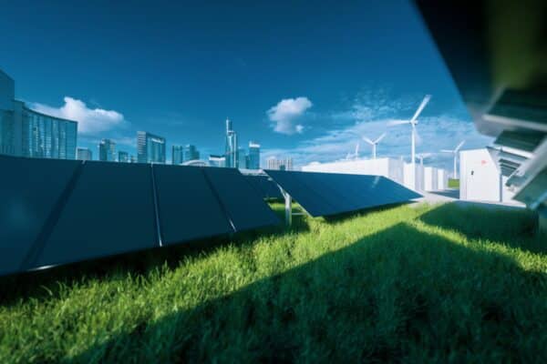 solar pv modules, wind turbines and battery energy storage against a city backdrop