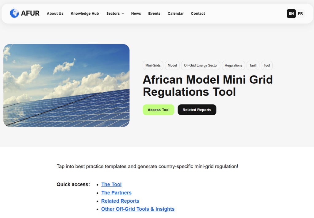 Screenshot of AFUR's Model Mini-Grid Regulations Tool website